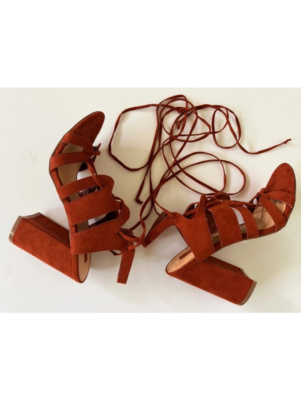 Burnt Orange Rust Colored Suede Lace Up Gladiator Sandal Heels Women’s Size 7.5